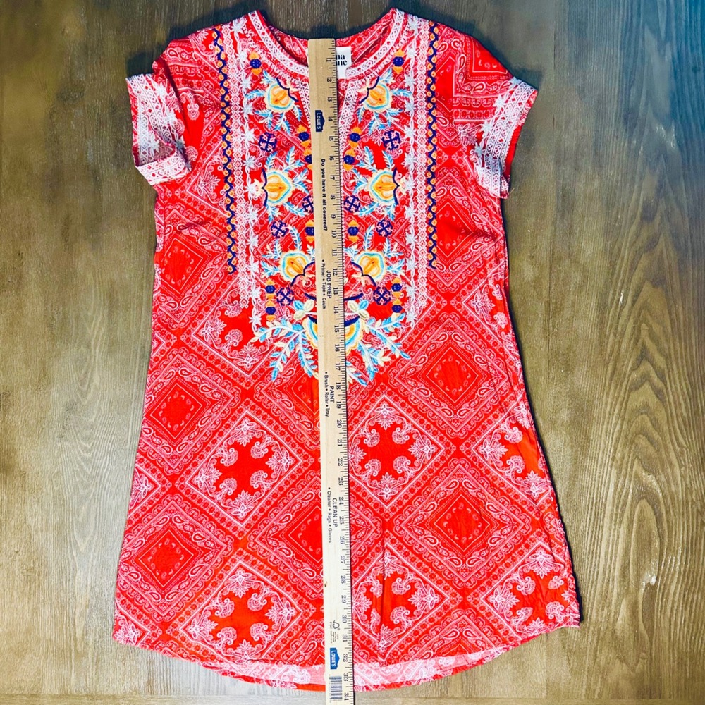 Savannah Jane Red Embroidered Bandana Print Tunic Dress Size S Bohemian - Picture 2 of 7